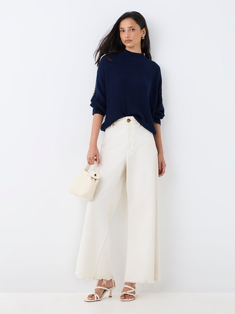 LOV Navy Contrast-Detail Ribbed-Knit Sweater