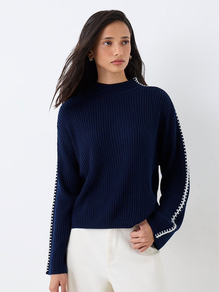 LOV Navy Contrast-Detail Ribbed-Knit Sweater