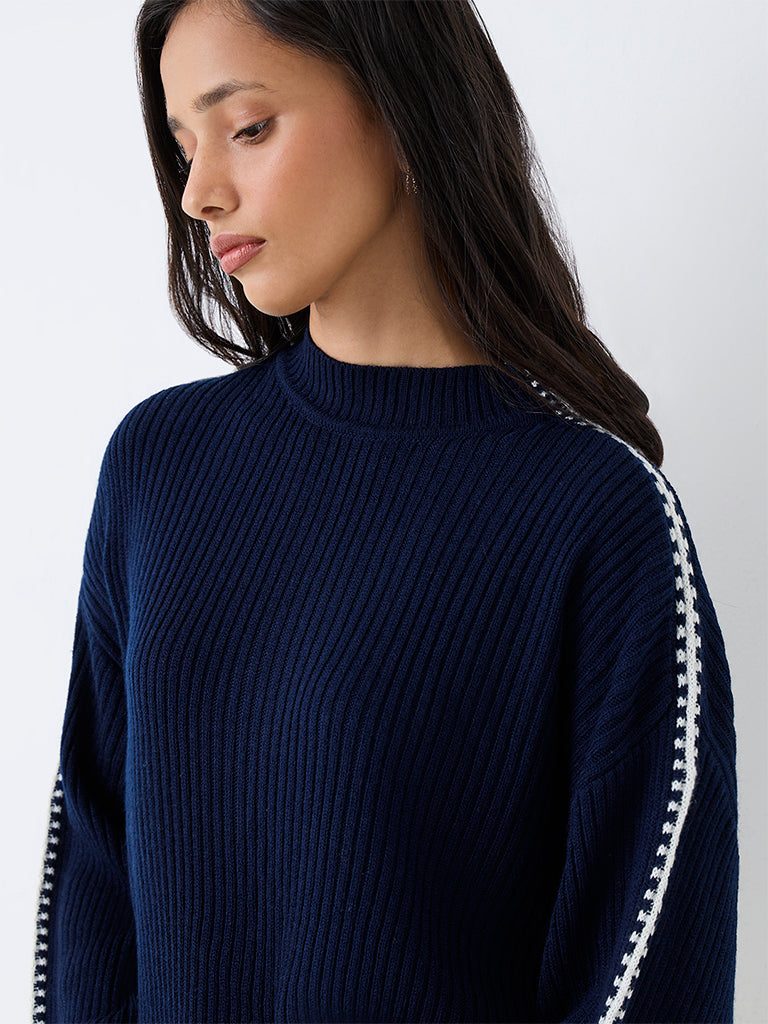 LOV Navy Contrast-Detail Ribbed-Knit Sweater