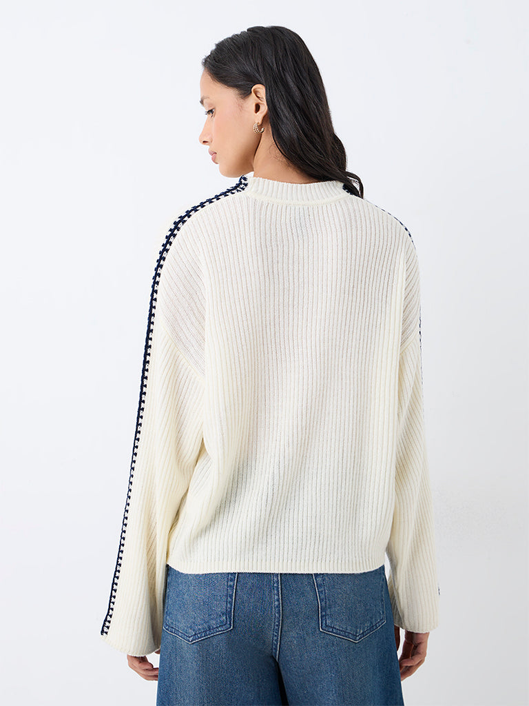 LOV Off-White Contrast-Detail Ribbed-Knit Sweater