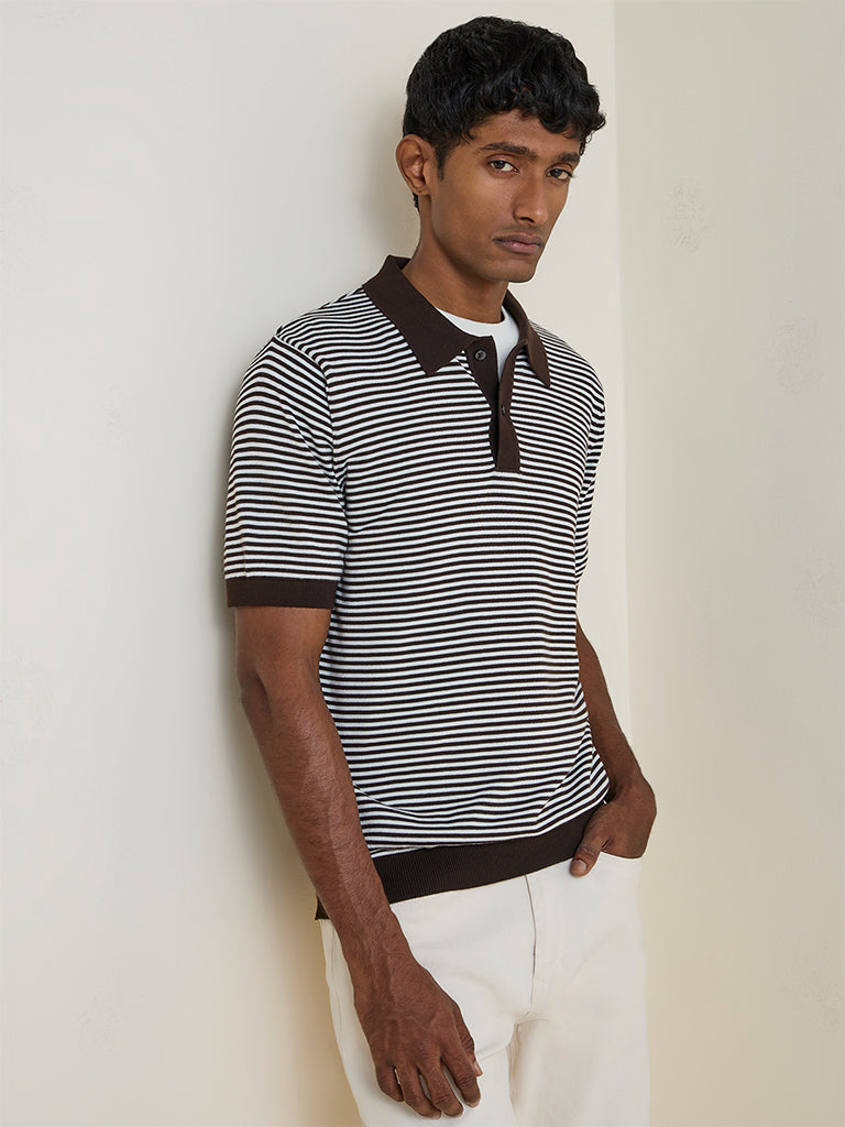Ascot Brown Striped Relaxed-Fit Cotton Polo T-Shirt