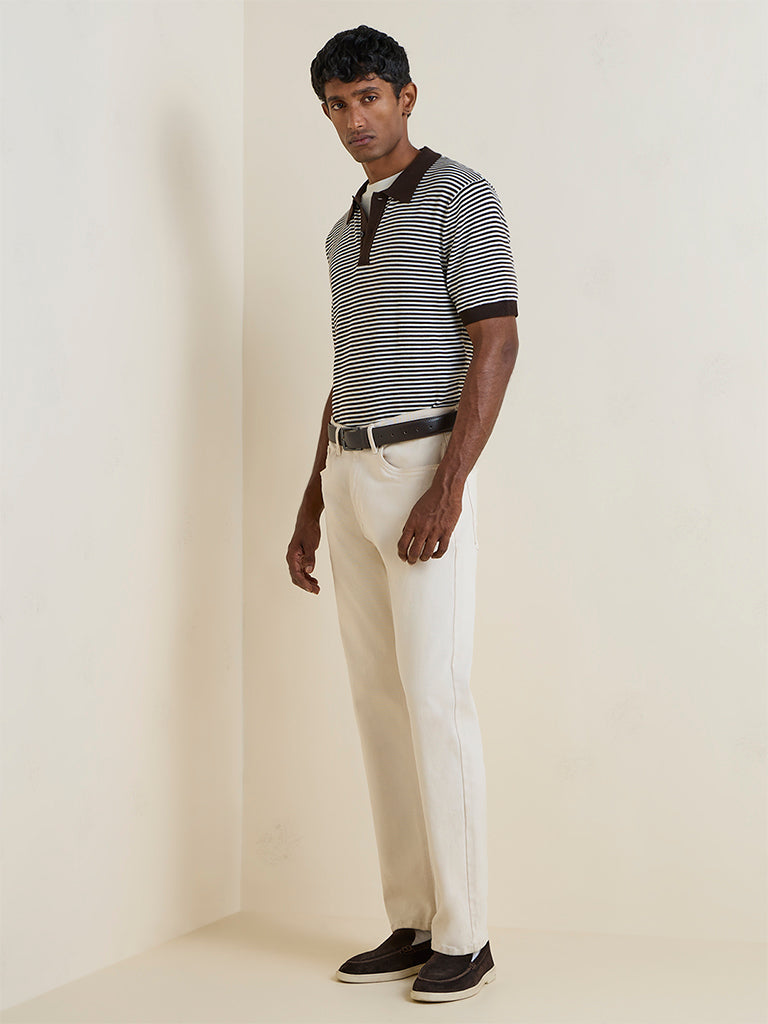Ascot Brown Striped Relaxed-Fit Cotton Polo T-Shirt