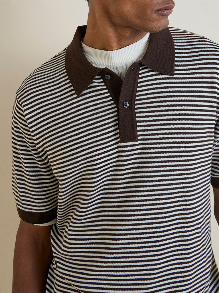 Ascot Brown Striped Relaxed-Fit Cotton Polo T-Shirt