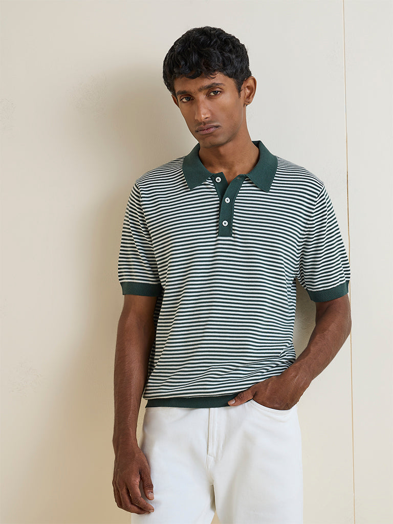 Ascot Dark Green Striped Relaxed-Fit Cotton Polo T-Shirt