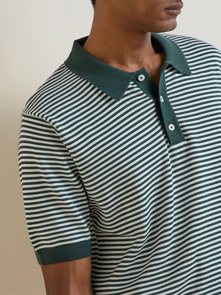 Ascot Dark Green Striped Relaxed-Fit Cotton Polo T-Shirt