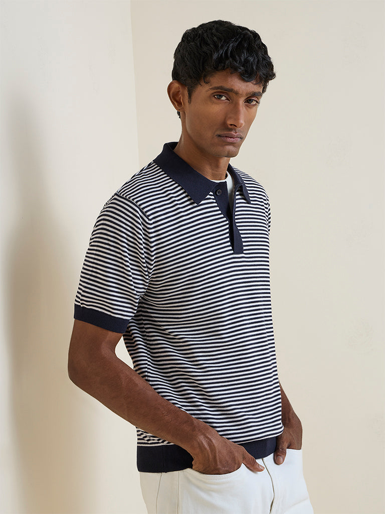 Ascot Navy Striped Relaxed-Fit Cotton Polo T-Shirt