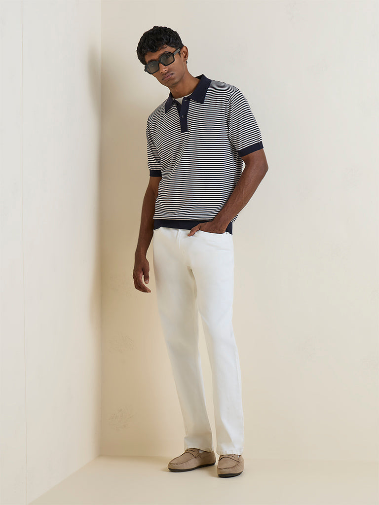 Ascot Navy Striped Relaxed-Fit Cotton Polo T-Shirt