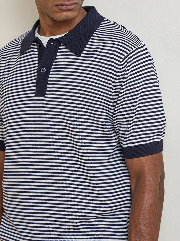 Ascot Navy Striped Relaxed-Fit Cotton Polo T-Shirt
