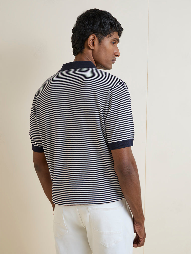 Ascot Navy Striped Relaxed-Fit Cotton Polo T-Shirt