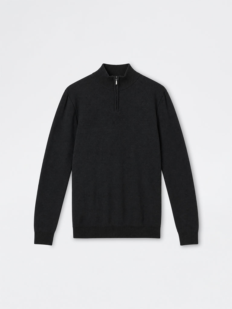 WES Formals Black Knit-Textured Quarter-Zip Slim-Fit Sweater