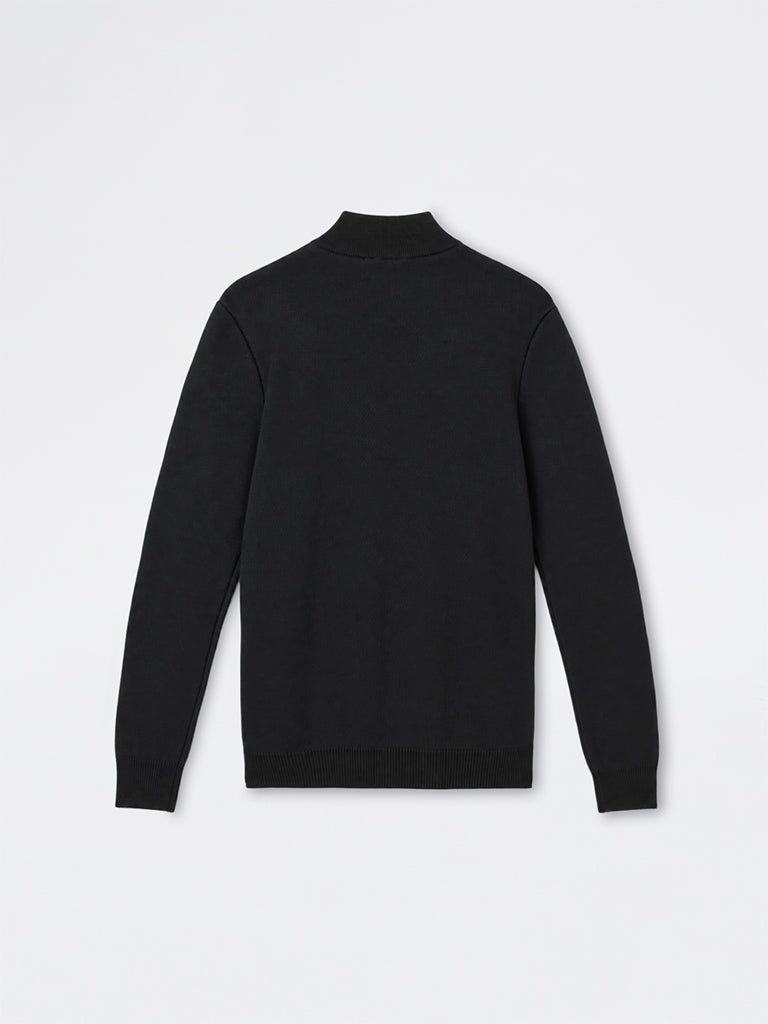 WES Formals Black Knit-Textured Quarter-Zip Slim-Fit Sweater