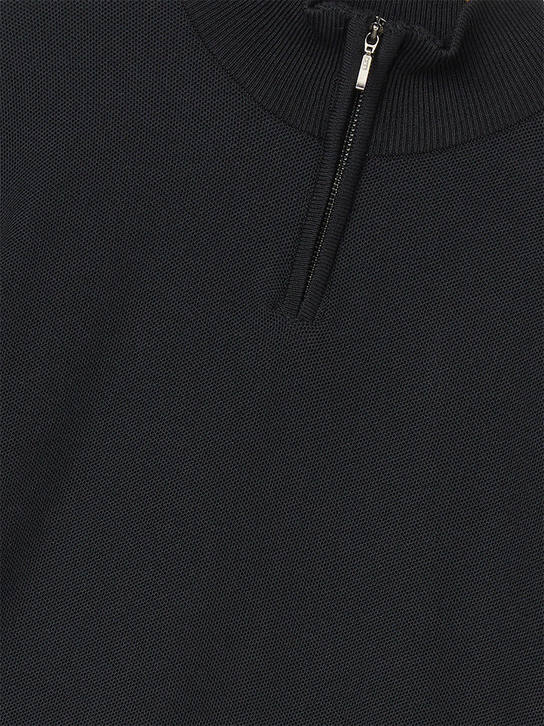 WES Formals Black Knit-Textured Quarter-Zip Slim-Fit Sweater