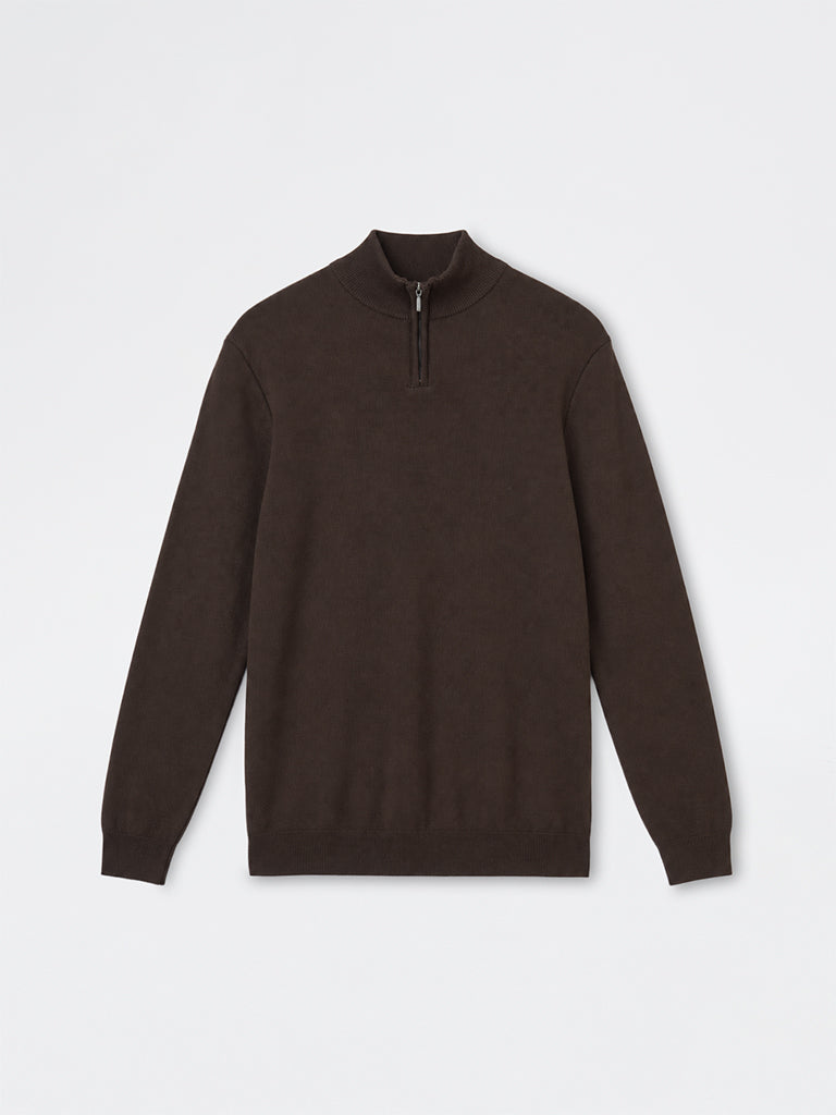 WES Formals Dark Brown Knit-Textured Quarter-Zip Slim-Fit Sweater