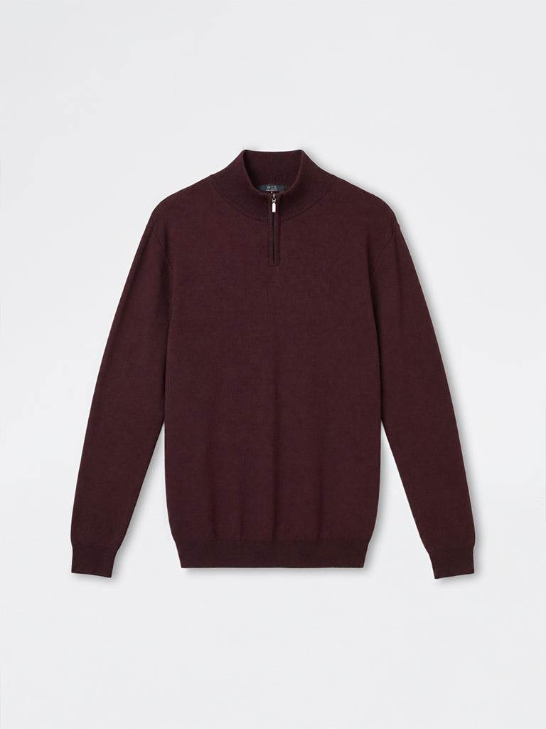 WES Formals Wine Knit-Textured Quarter-Zip Slim-Fit Sweater