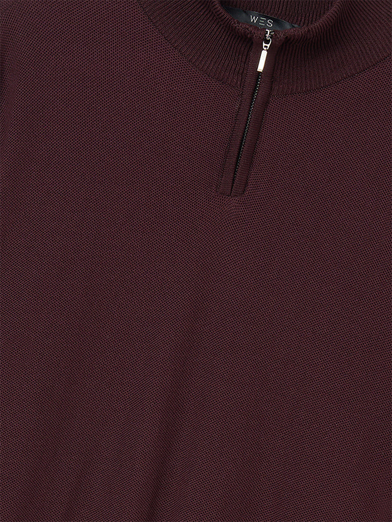 WES Formals Wine Knit-Textured Quarter-Zip Slim-Fit Sweater