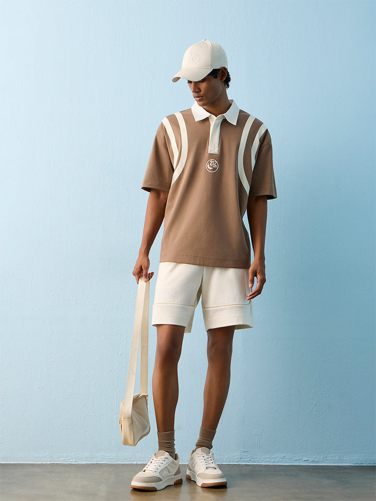 Nuoflexx Taupe Striped Relaxed-Fit Cotton Polo T-Shirt