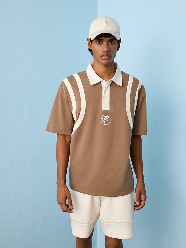 Nuoflexx Taupe Striped Relaxed-Fit Cotton Polo T-Shirt