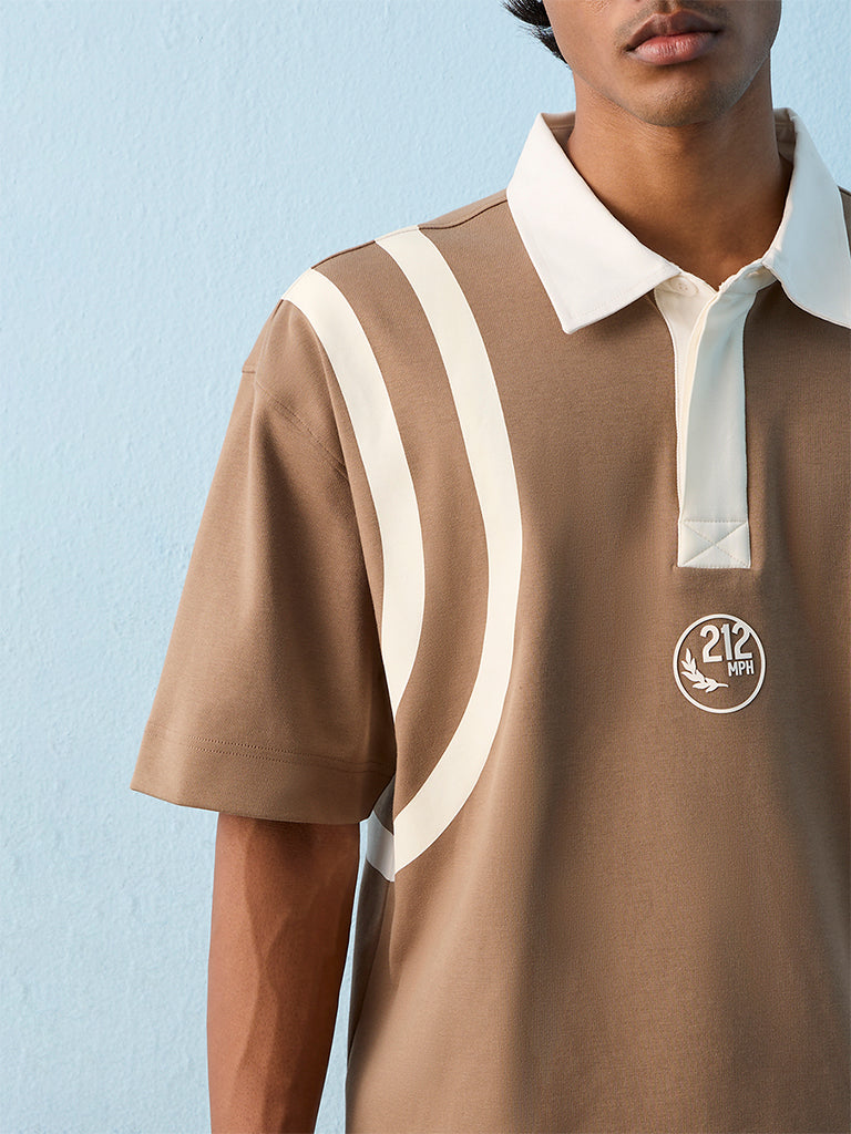 Nuoflexx Taupe Striped Relaxed-Fit Cotton Polo T-Shirt