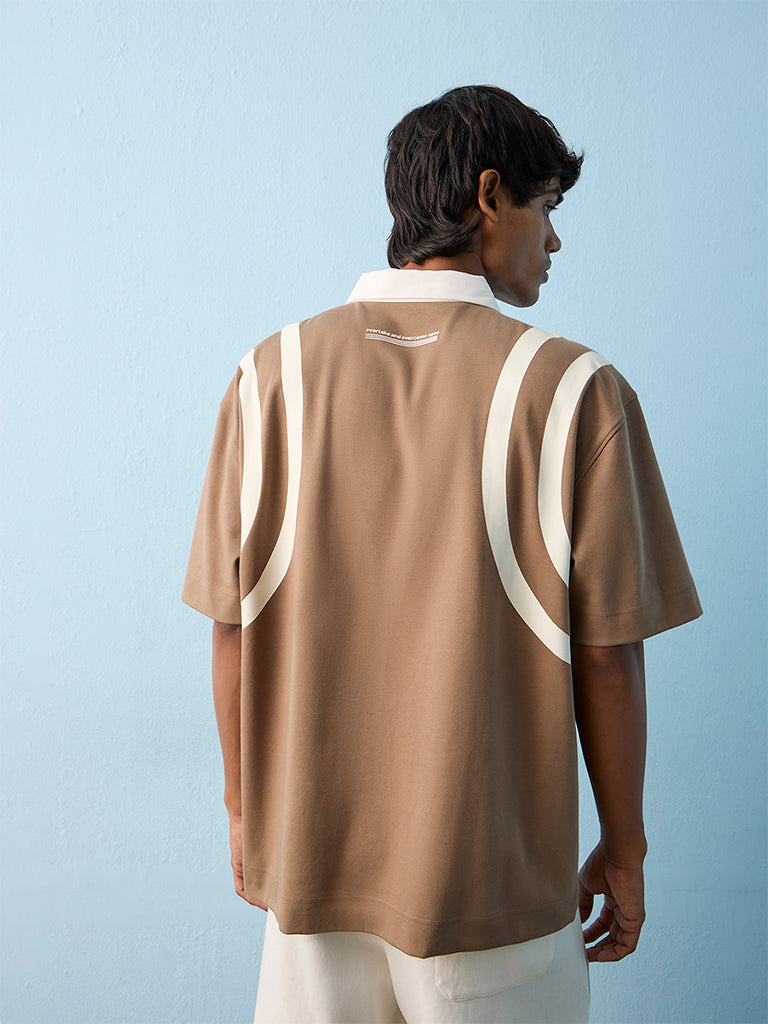 Nuoflexx Taupe Striped Relaxed-Fit Cotton Polo T-Shirt