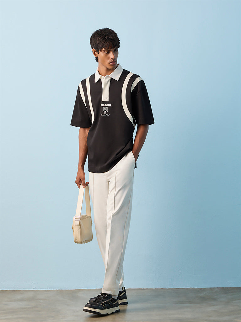Nuoflexx Black Striped Relaxed-Fit Cotton-Blend Polo T-Shirt