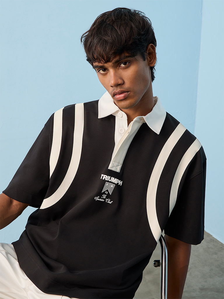 Nuoflexx Black Striped Relaxed-Fit Cotton-Blend Polo T-Shirt