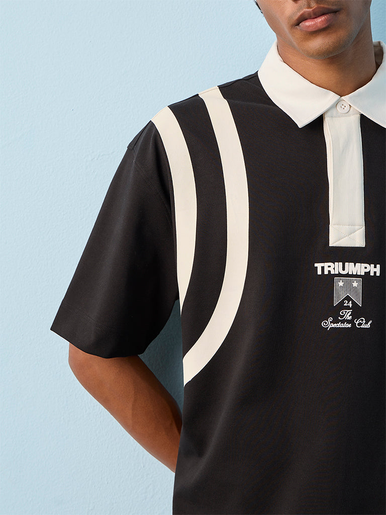 Nuoflexx Black Striped Relaxed-Fit Cotton-Blend Polo T-Shirt