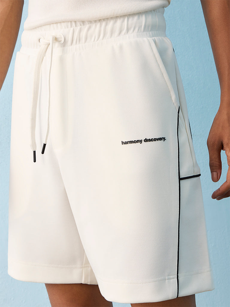 Nuoflexx White Text Embossed Relaxed-Fit Mid-Rise Shorts