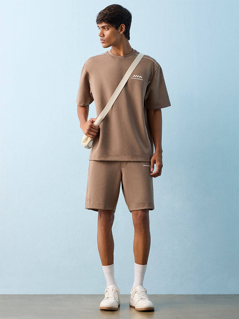 Nuoflexx Taupe Text Embossed Relaxed-Fit Mid-Rise Shorts