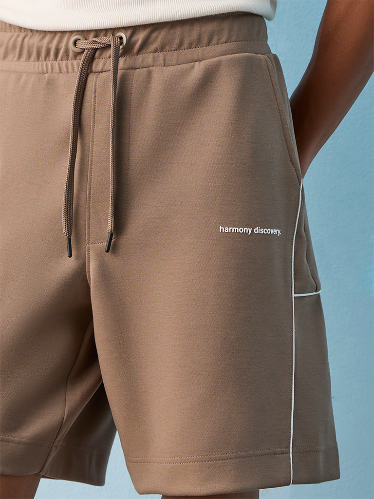Nuoflexx Taupe Text Embossed Relaxed-Fit Mid-Rise Shorts