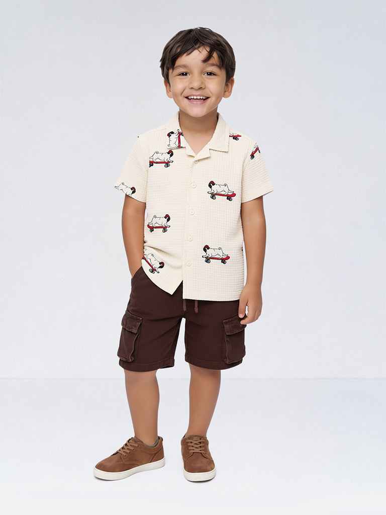 HOP Kids Boys Cream Embroidered Waffle-Textured Cotton Shirt
