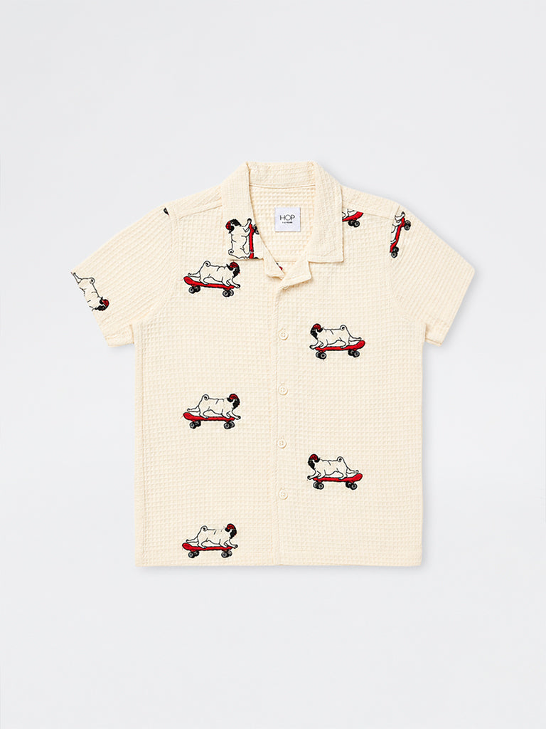 HOP Kids Boys Cream Embroidered Waffle-Textured Cotton Shirt