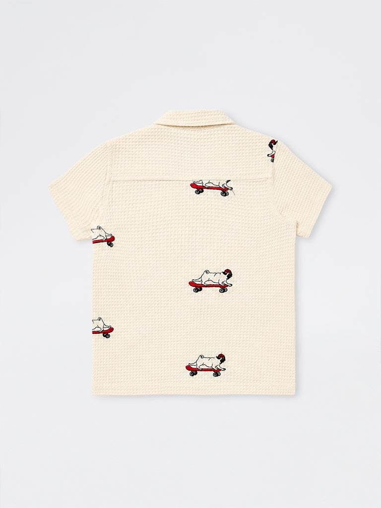 HOP Kids Boys Cream Embroidered Waffle-Textured Cotton Shirt