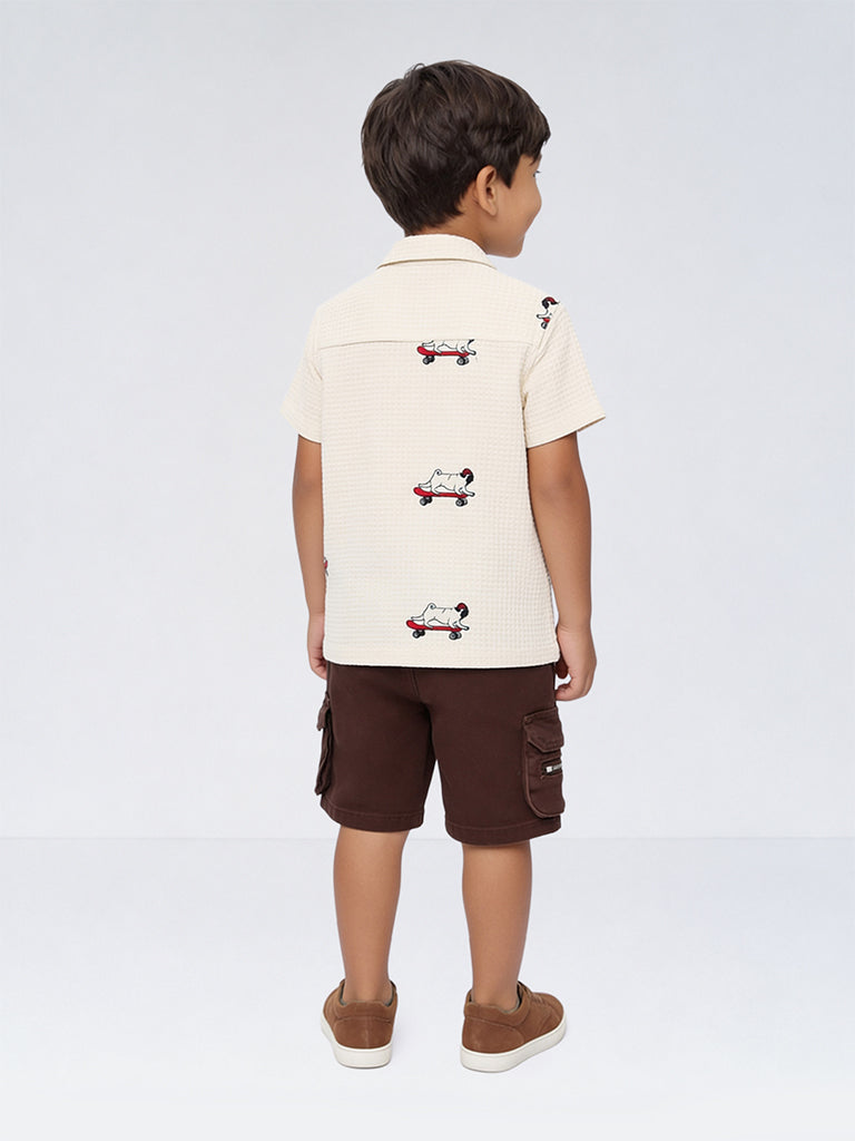 HOP Kids Boys Cream Embroidered Waffle-Textured Cotton Shirt