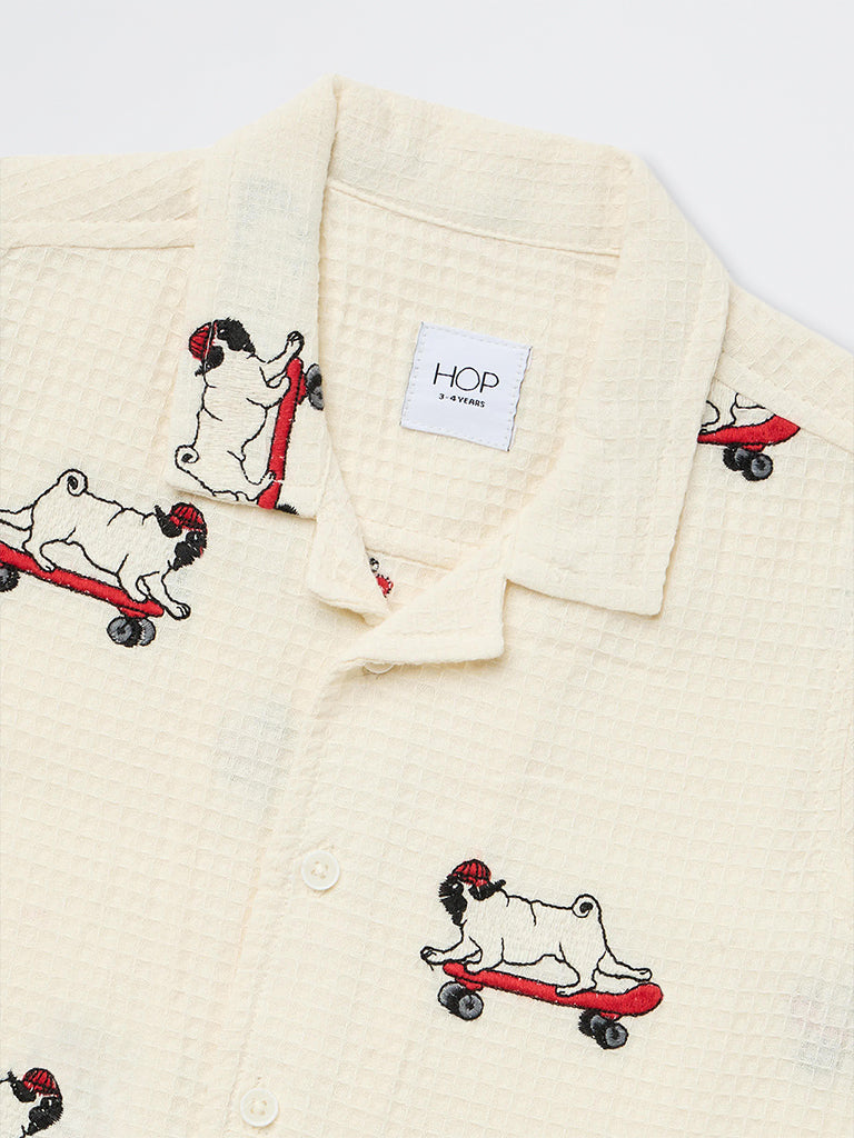 HOP Kids Boys Cream Embroidered Waffle-Textured Cotton Shirt