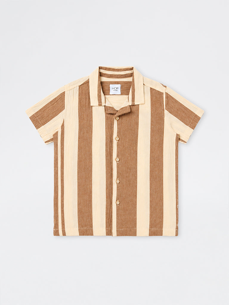 HOP Kids Boys Brown Striped Cotton Shirt
