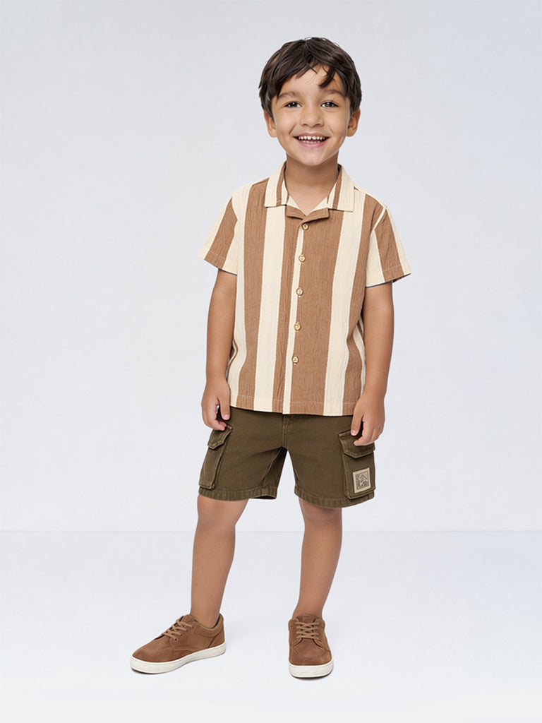 HOP Kids Boys Brown Striped Cotton Shirt
