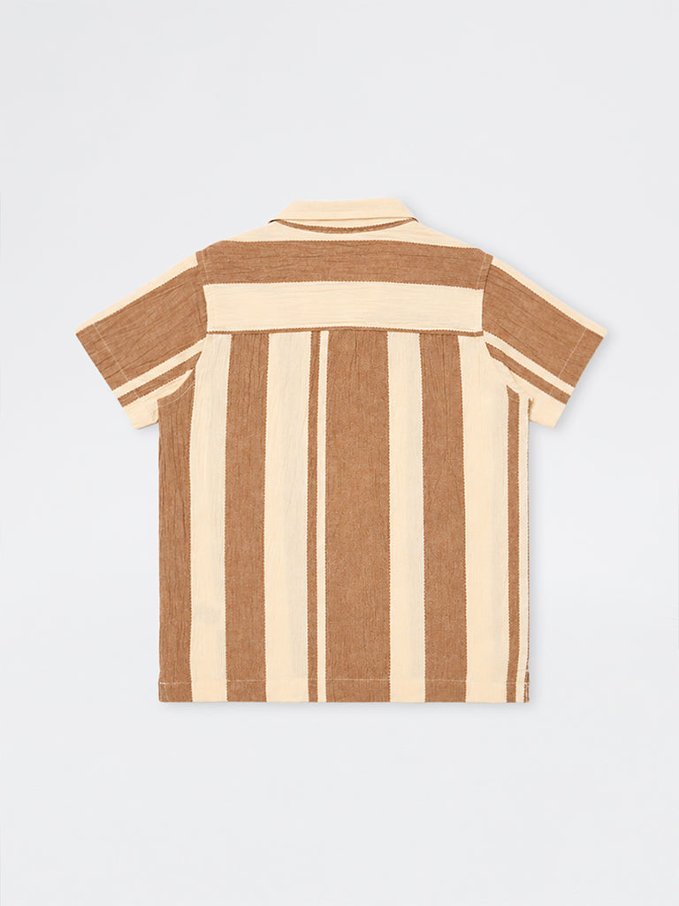 HOP Kids Boys Brown Striped Cotton Shirt