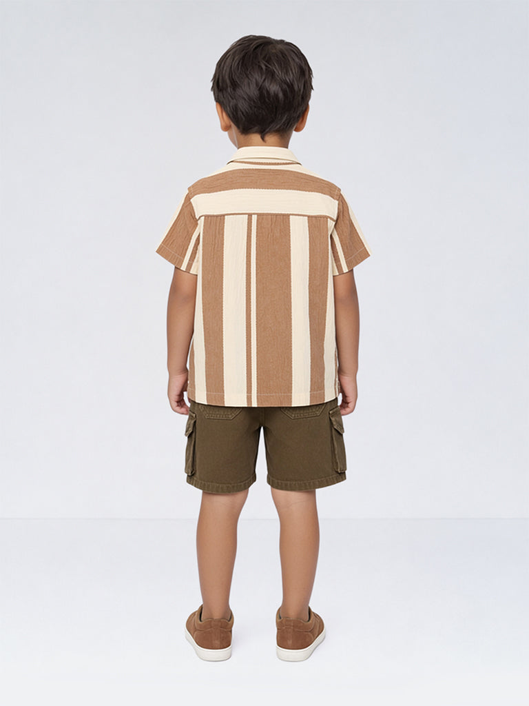 HOP Kids Boys Brown Striped Cotton Shirt