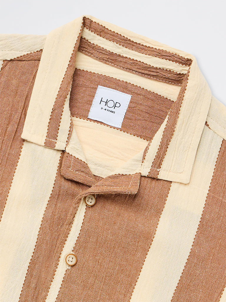 HOP Kids Boys Brown Striped Cotton Shirt