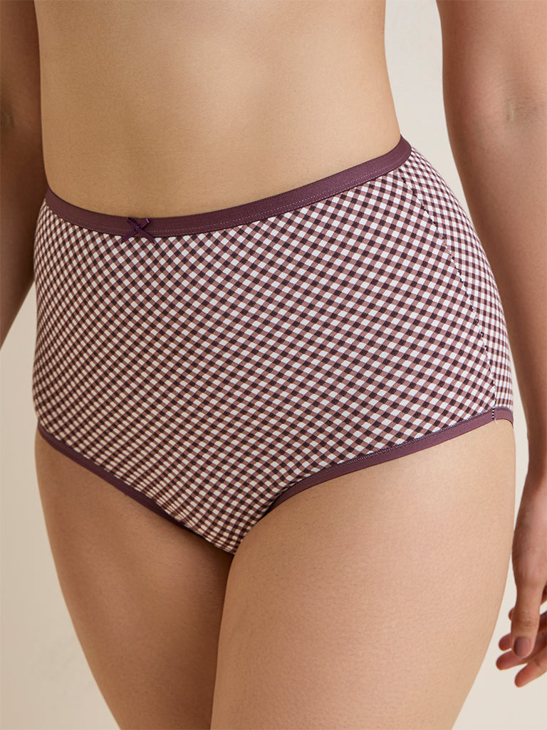 Wunderlove Brown Checkered Cotton-Blend Full Briefs - Pack of 3