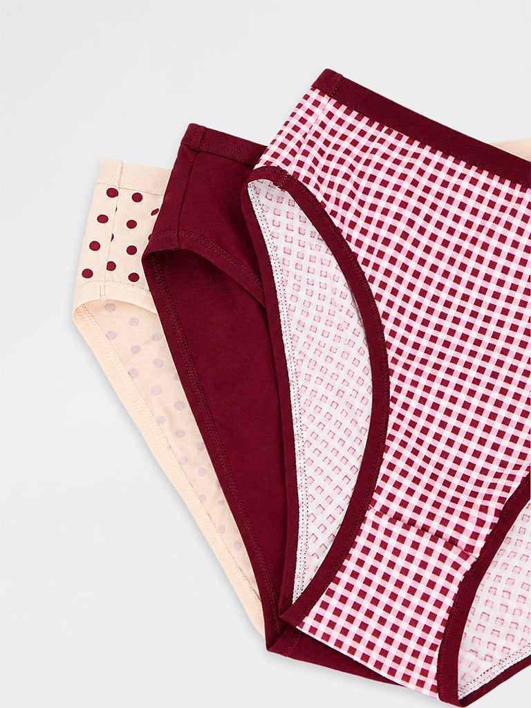 Wunderlove 3-Pack Checkered Cotton-Blend Hi-Leg Briefs