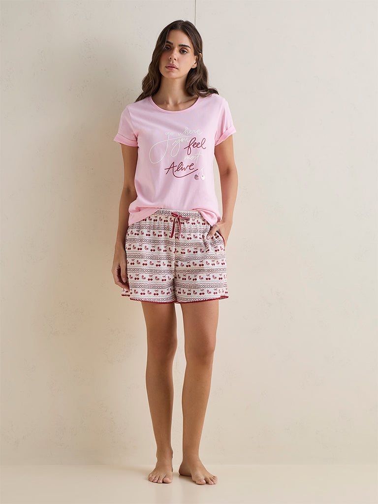 Wunderlove Ivory Cherry Printed High-Rise Shorts