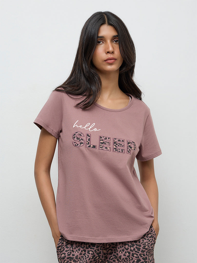 Wunderlove Mauve Typographic Cotton T-Shirt