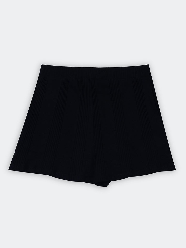 Superstar Black Ribbed-Textured High-Rise Cotton-Blend Shorts