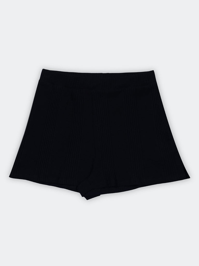 Superstar Black Ribbed-Textured High-Rise Cotton-Blend Shorts