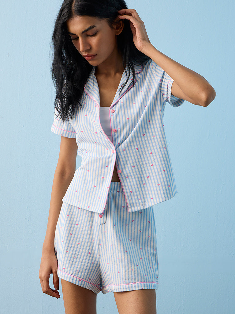 Superstar Blue Striped Cotton Shirt and Shorts Set