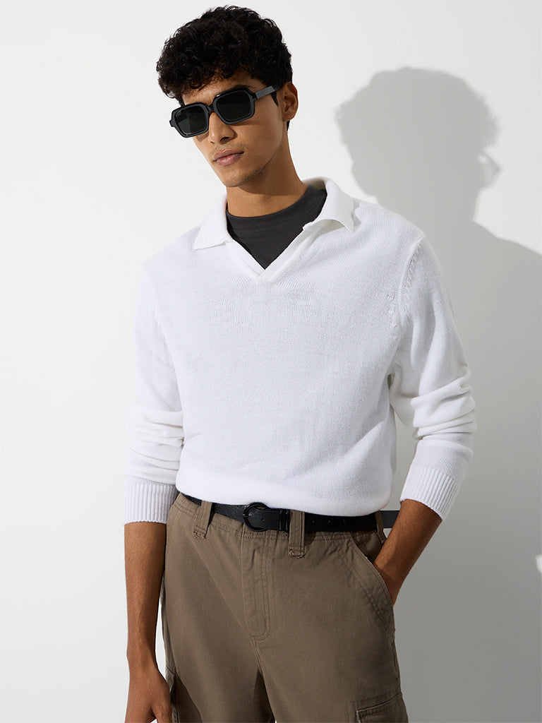 WES Casuals White Solid Relaxed-Fit Sweater