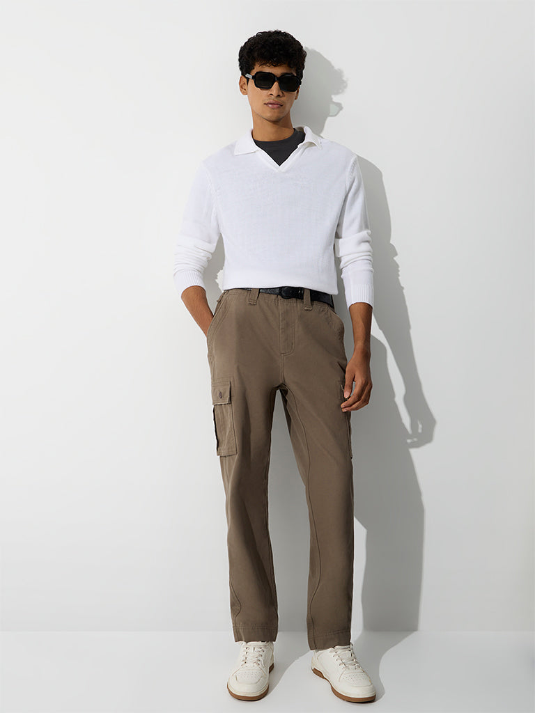 WES Casuals White Solid Relaxed-Fit Sweater