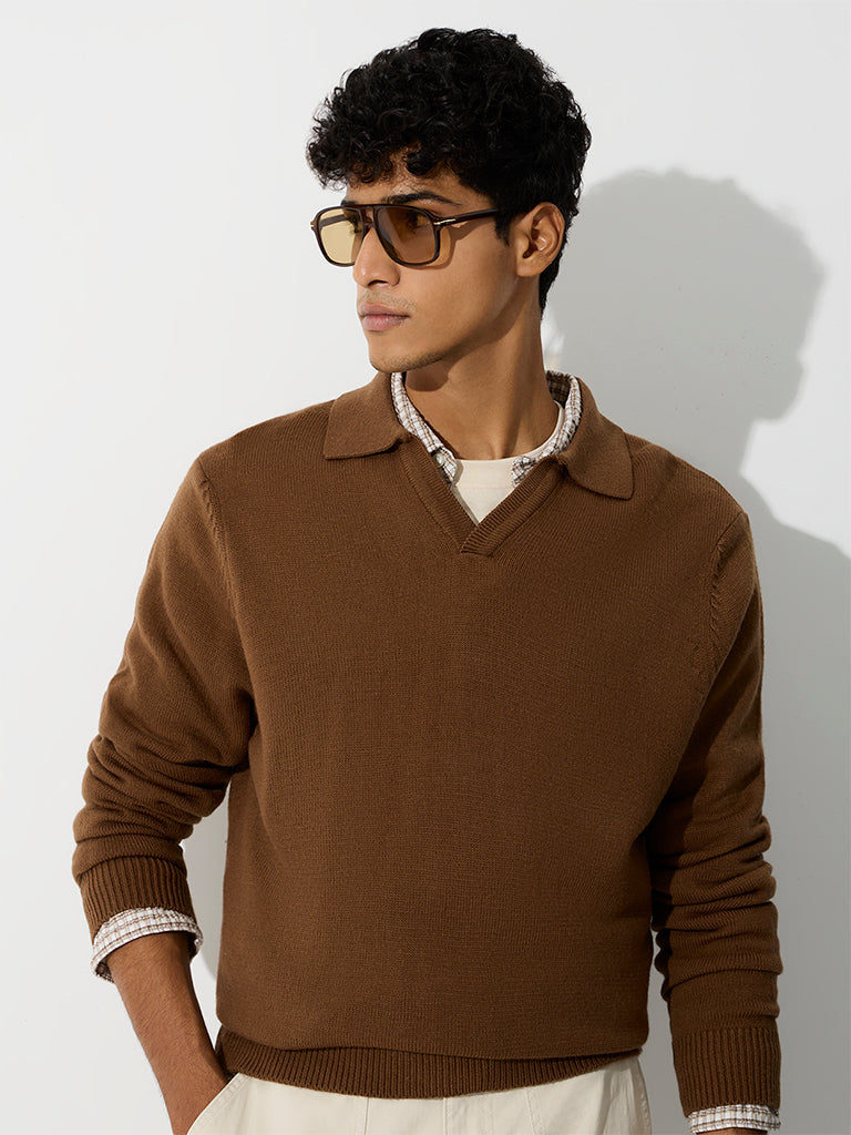 WES Casuals Tan Solid Relaxed-Fit Sweater