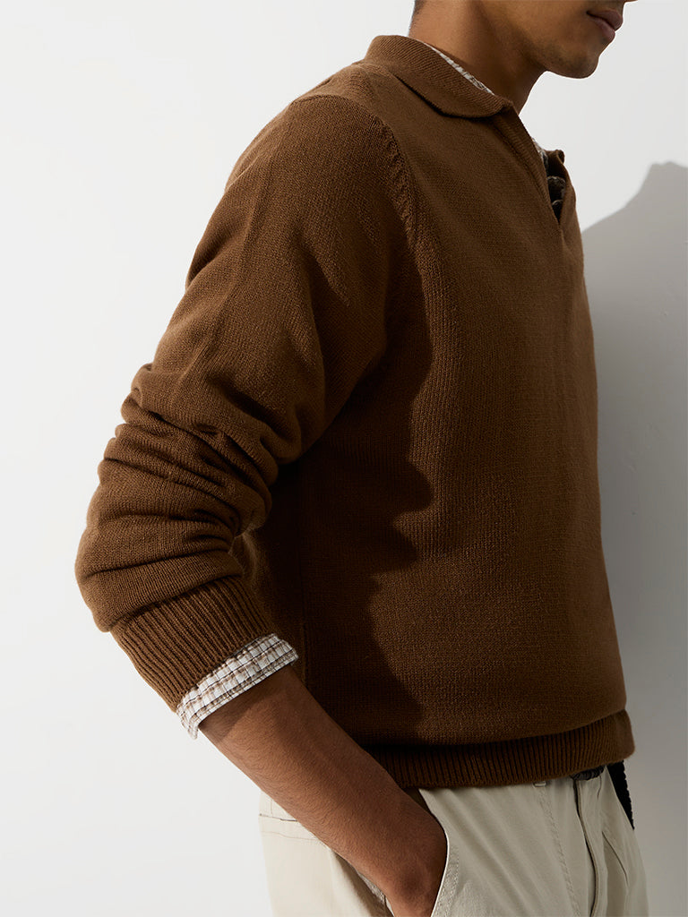 WES Casuals Tan Solid Relaxed-Fit Sweater